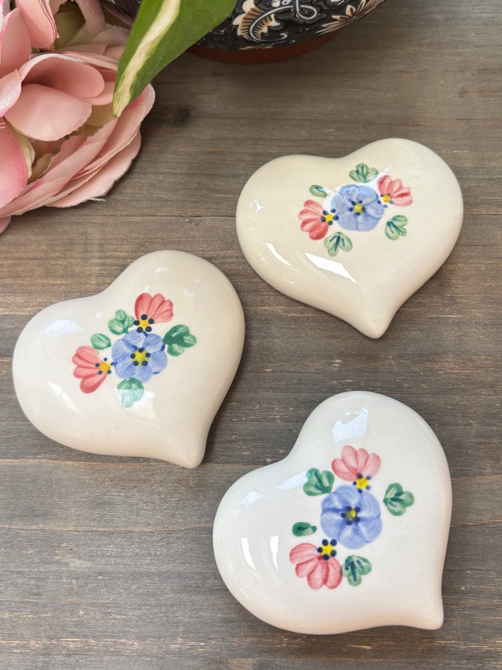 Vintage Ceramic Hearts with Flowers Wall Decor, Vintage (set of 3)